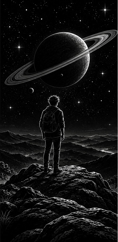 Ein Mensch blickt auf eine Berglandschaft unter dem Planeten Saturn mit seinen markanten Ringen – Symbol für Reifung und persönliche Entwicklung.