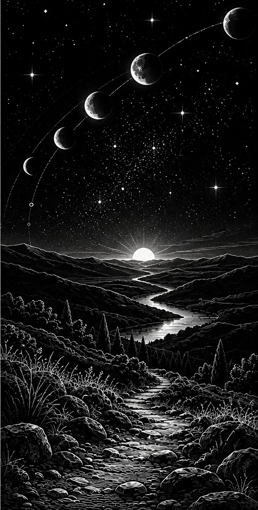Ein gewundener Weg führt durch eine nächtliche Landschaft auf einen hellen Horizont zu, über dem verschiedene Mondphasen stehen – Symbol für Wandel und neue Lebensphasen.