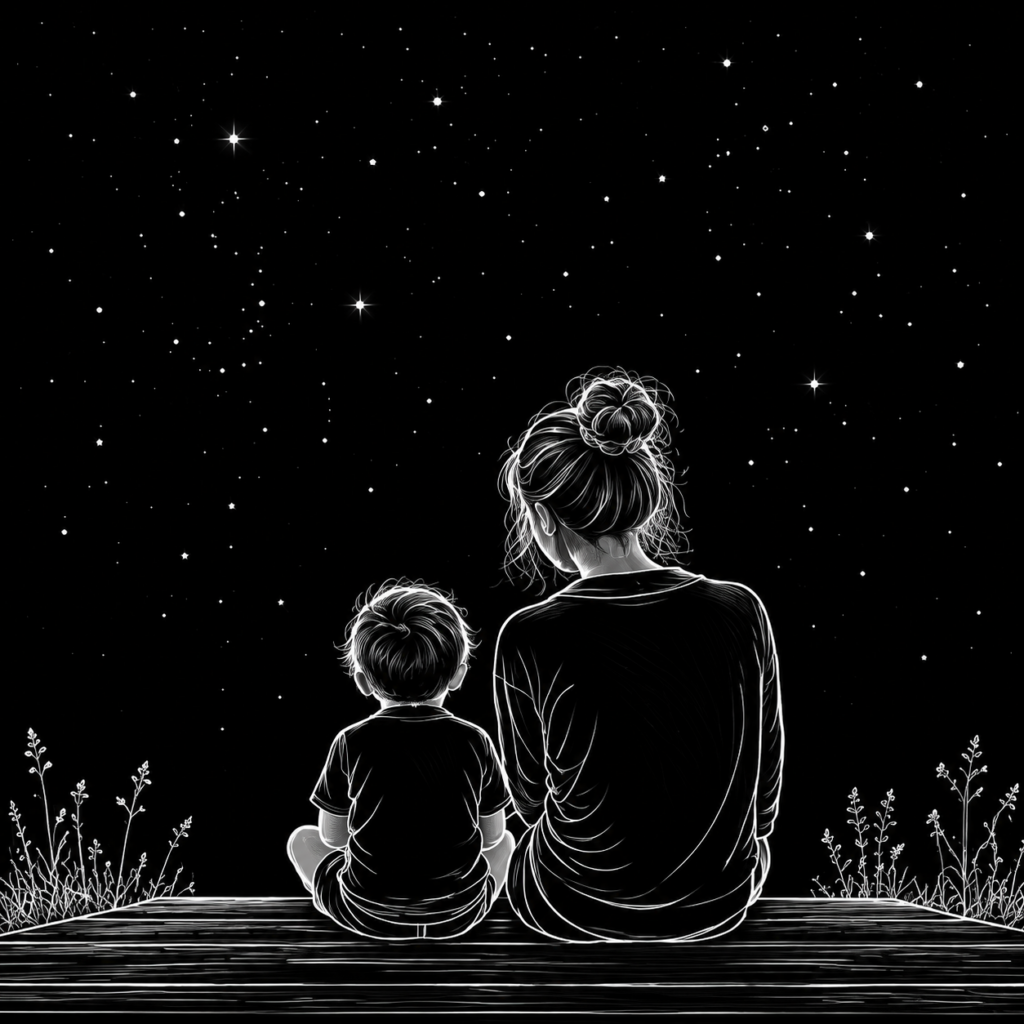 Mutter mit Kind schauen in den Sternenhimmel
