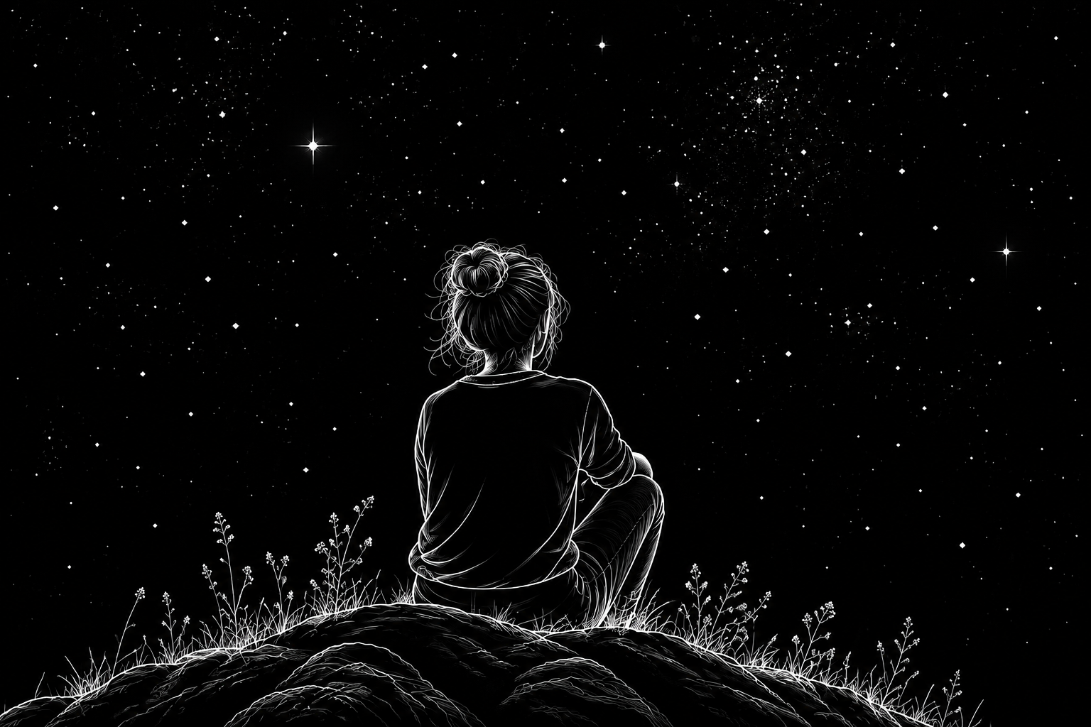 Illustration einer Frau, die unter dem Sternenhimmel sitzt