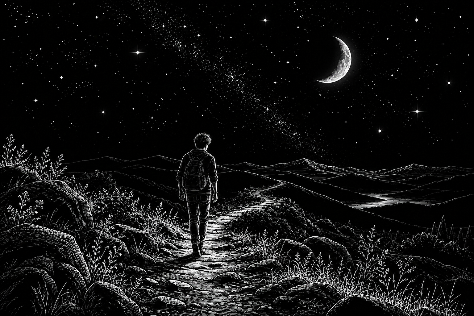 Junger Mann auf einem steinigen Weg unter einem Sternenhimmel mit leuchtendem Sichelmond – Symbol für den persönlichen Seelenweg.